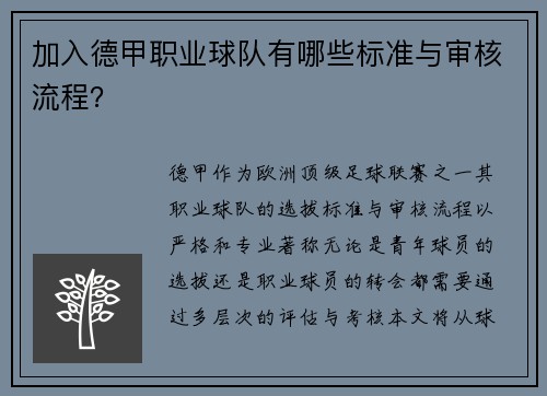 加入德甲职业球队有哪些标准与审核流程？
